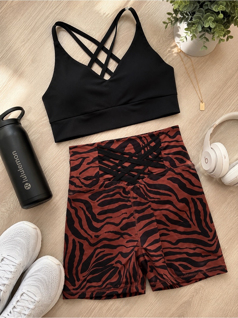 Fabletics Black and Brown Zebra Print Bike Shorts